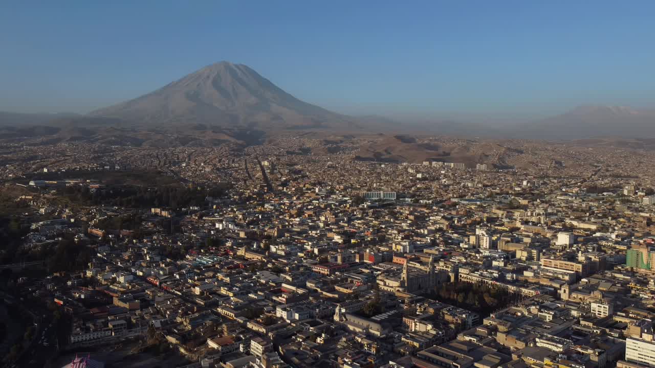 Misti volcano Arequipa city Peru aerial drone landscape Plaza de Armas South America