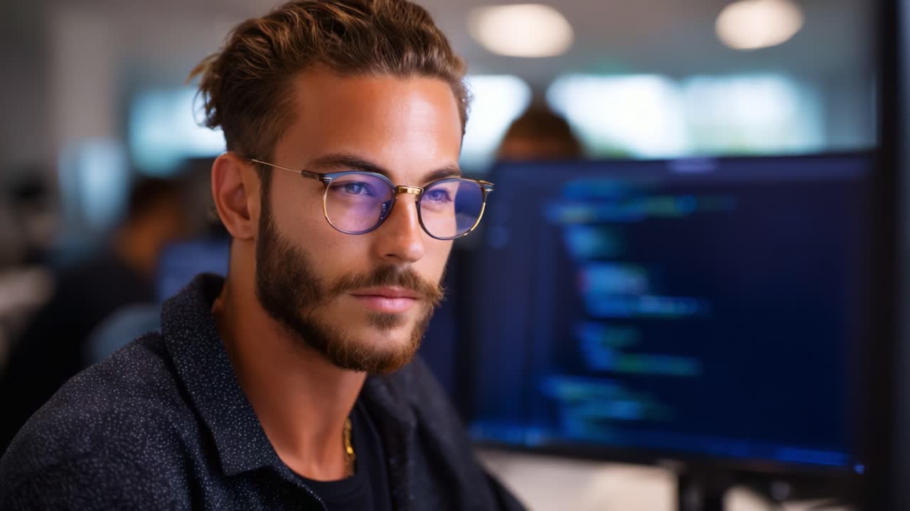 Focused Individual in Eyeglasses Engaged in Coding at a Modern Workspace with Computer Screens Displaying Programming Languages and Technical Data