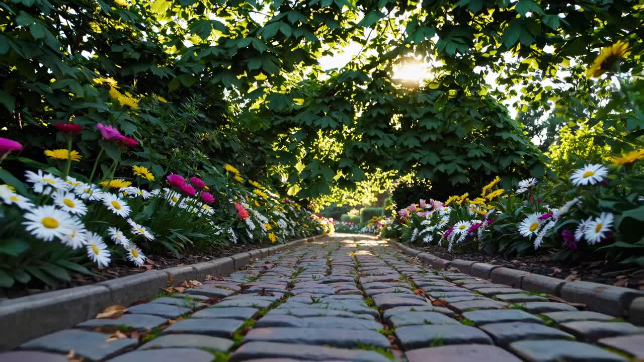 Low-angle video shot of a cobblestone path lined with colorful flowers, leading to a sunlit canopy
