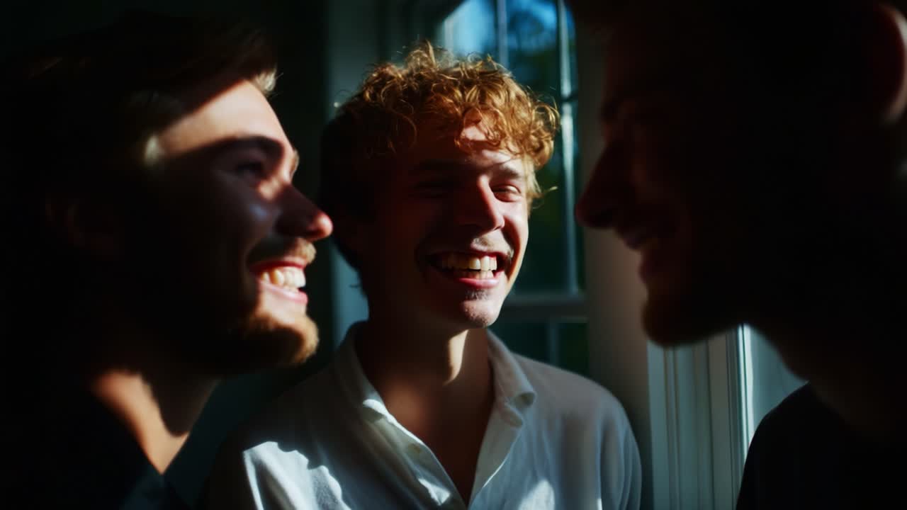 A Joyful Moment Captured: Three Friends Sharing Laughter in a Sunlit Room, Their Faces Illuminated by Warm Light, Emphasizing Genuine Connections and Happiness in a Relaxed Atmosphere