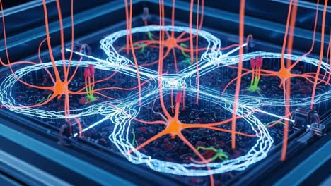 exploring the cutting-edge intersection of neuroscience and technology: a stunning visual exploration of neural networks and electrical activity in an advanced synthetic environment