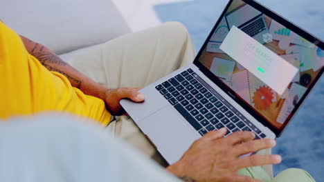 job search, hands typing and laptop on a living