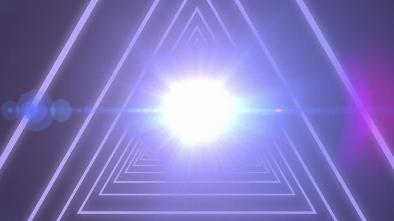 Glowing light in geometric triangular tunnel with purple hues, creating animation
