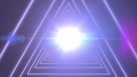 glowing light in geometric triangular tunnel with purple hues, creating animation