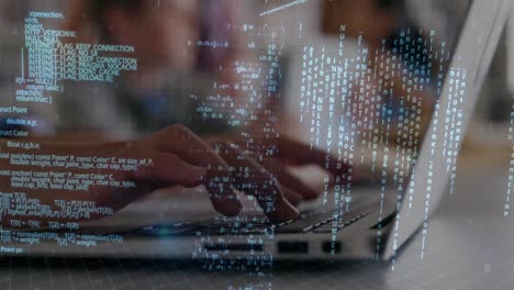 Woman taping in her laptop surrounded by binary codes