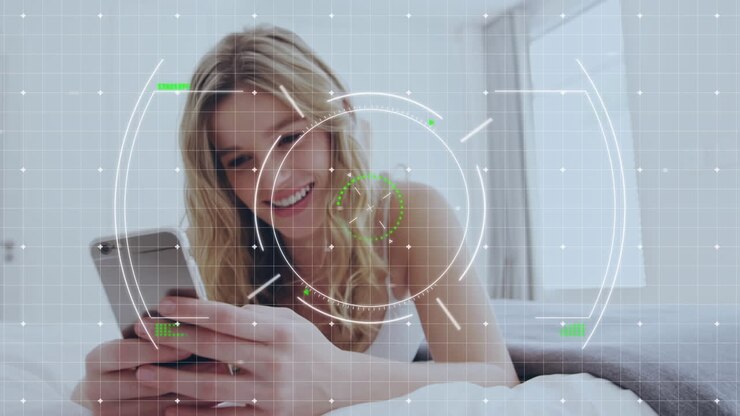 Animation of scope scanning over woman using smartphone
