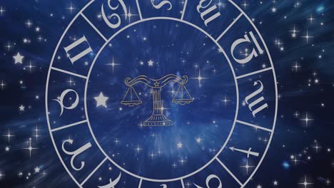 composition of libra star sign symbol in spinning zodiac wheel over glowing stars