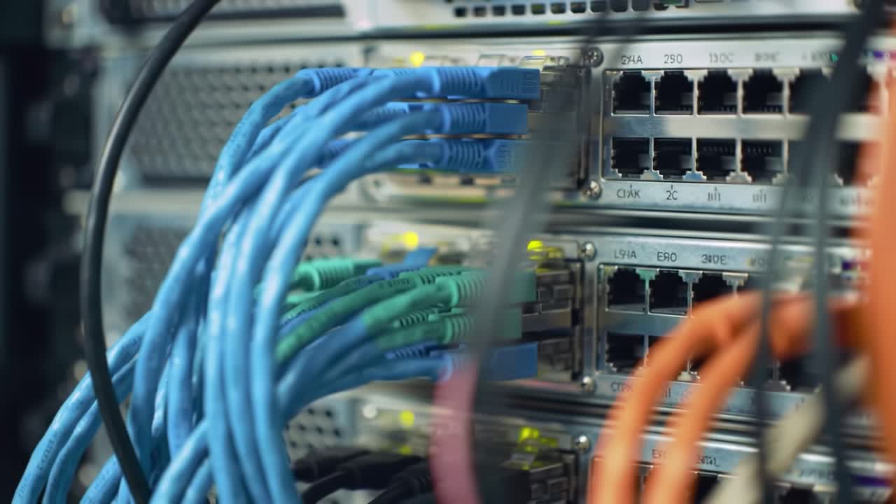 Detailed Close-Up of Network Server Cables and Connections Highlighting Fiber Optic and Ethernet Links for Enhanced Data Communication and Performance Management