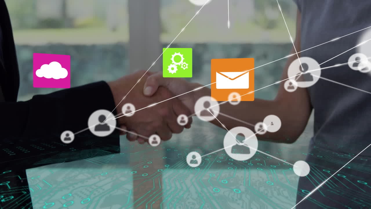 다양한 사업가들이 손을 흔들고 있는 아이콘과 연결망의 애니메이션