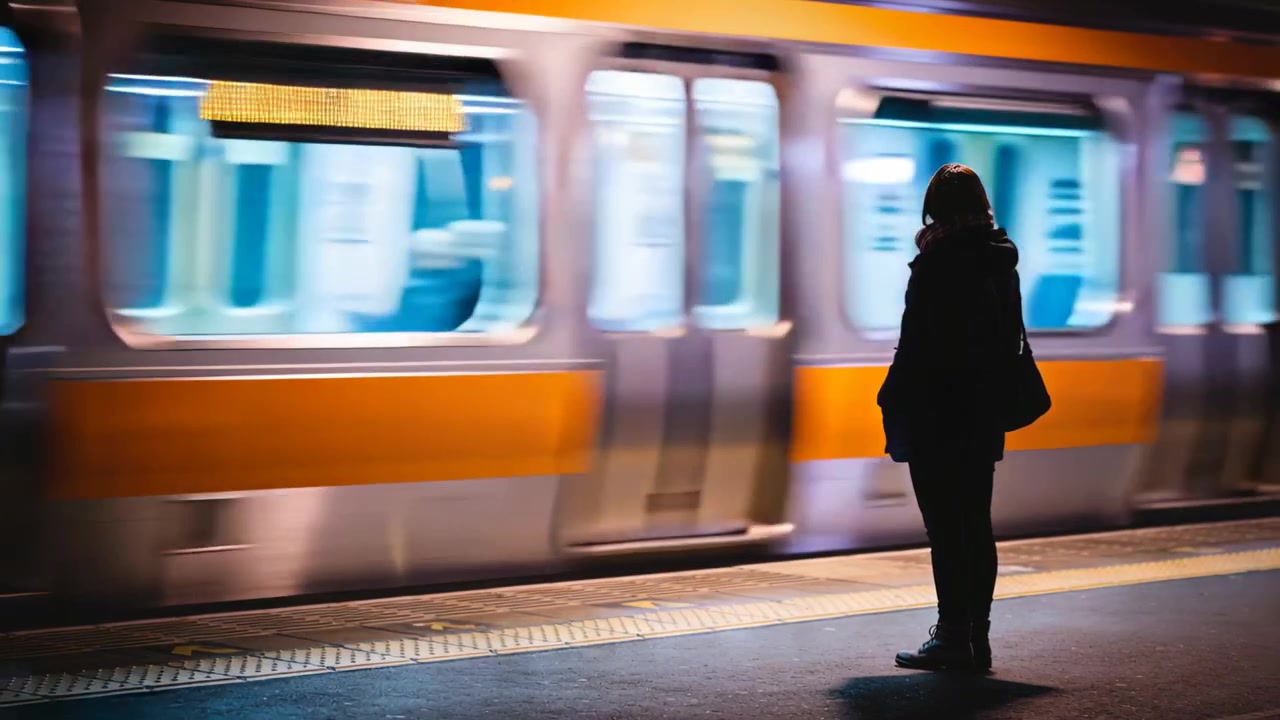 Stående kvinde retter tørklæde på perron, mens orange-sølvfarvet tog passerer, venter på næste vogn, plads til tekst.