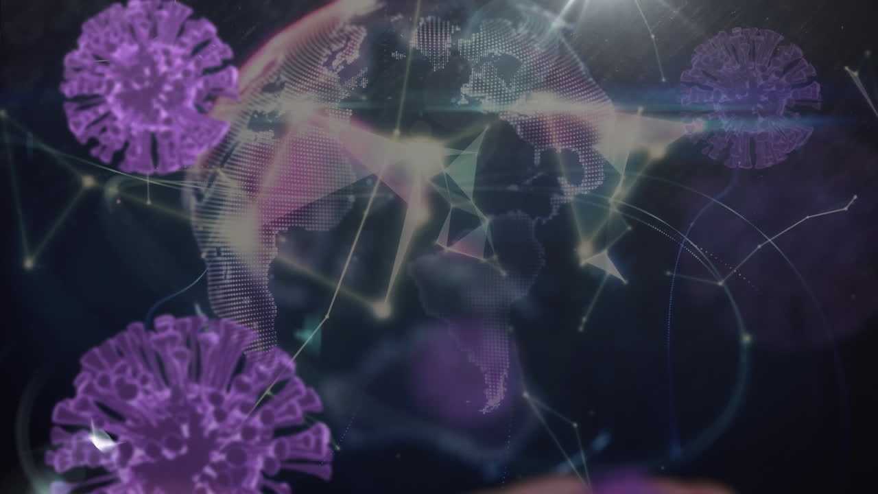 animación de células de covid 19 volando sobre el globo