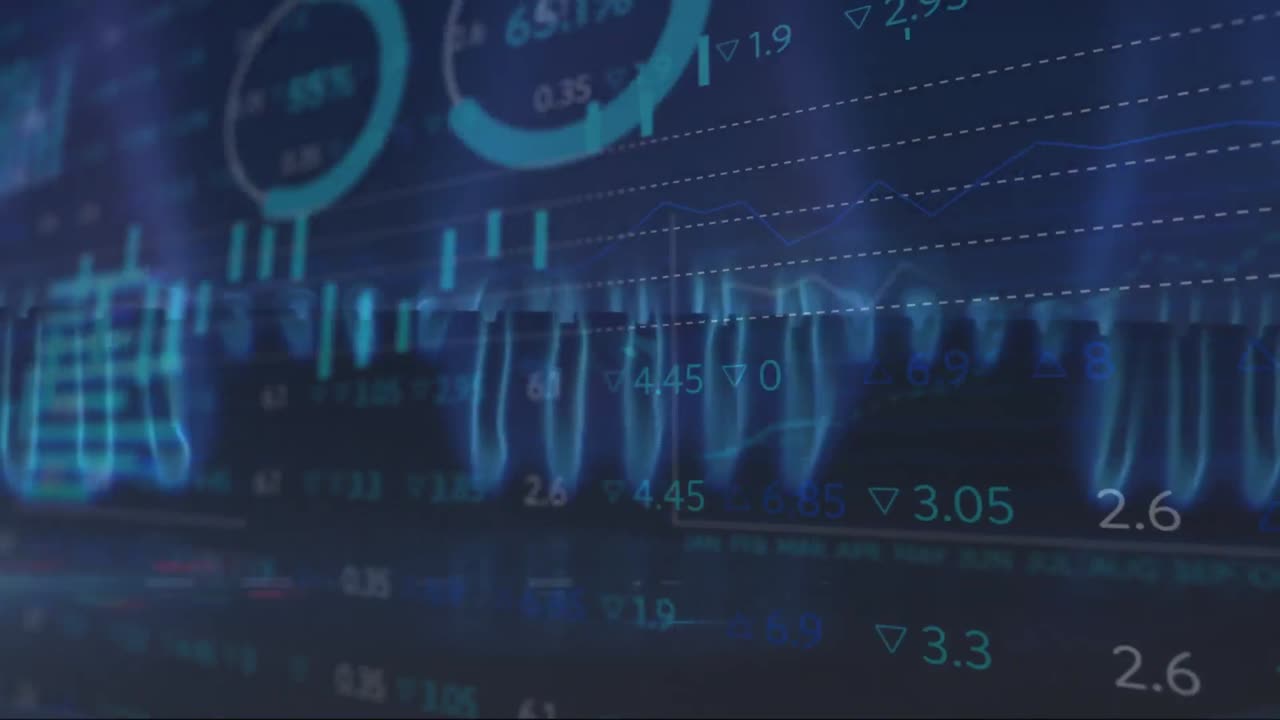 animación de datos financieros cambiantes y gráficos sobre llamas de gas