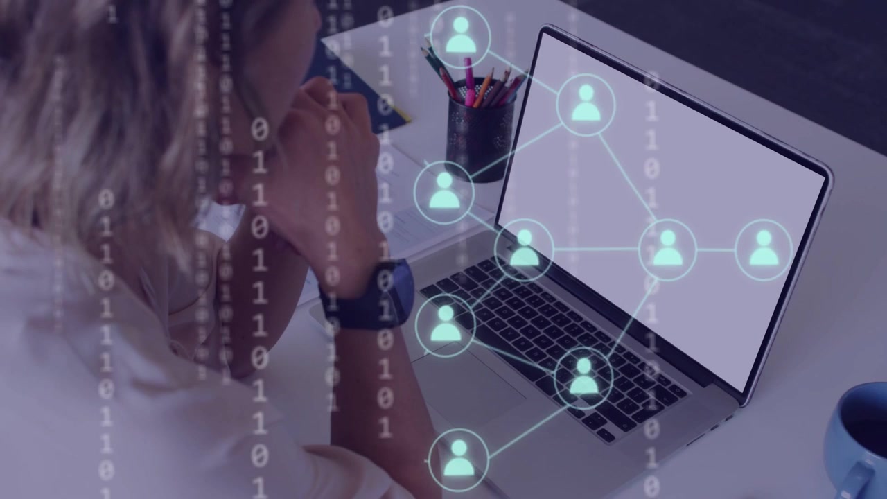 Woman watching laptop at desk, binary code streaming while network icons forming for tech analysis