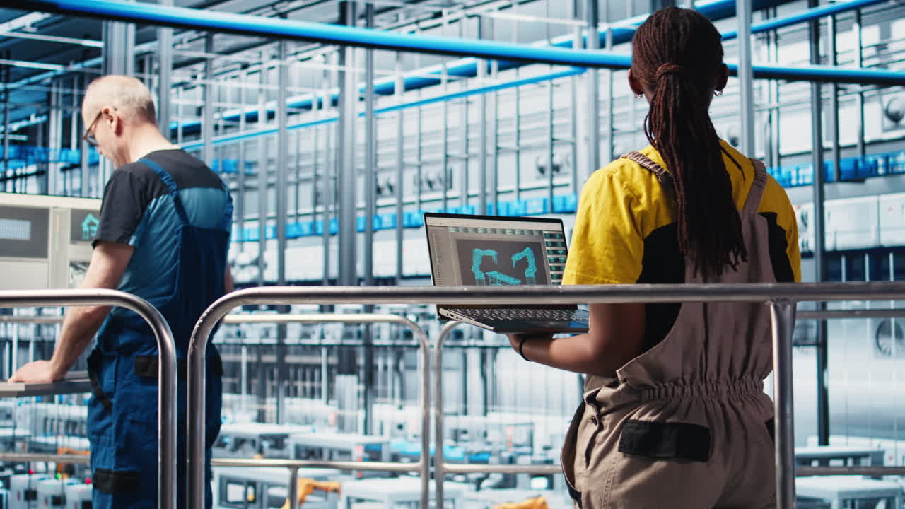 Engineers working in smart factory, collecting and analyzing data