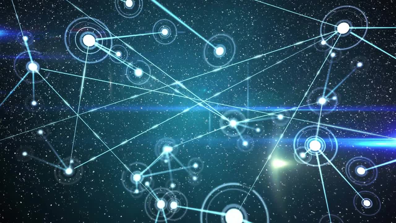 Star-speckled background revealing glowing node beneath blue streak, expanding network filling view