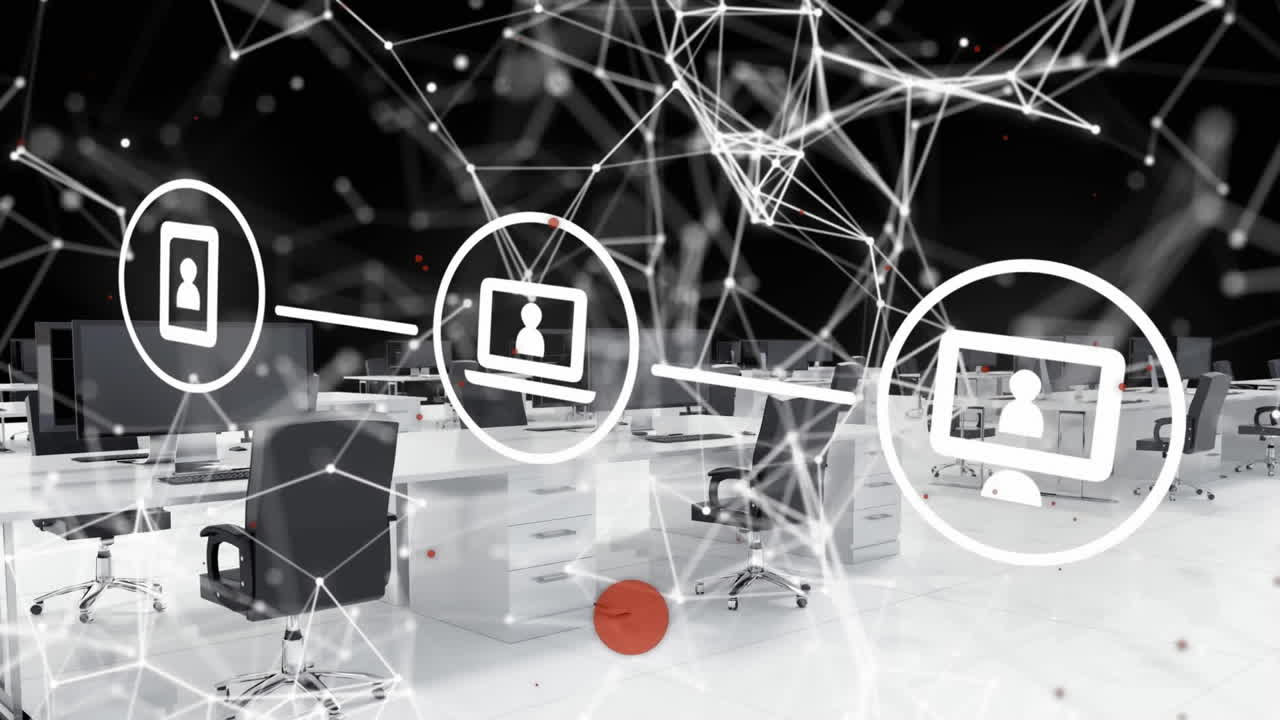 анимация медиа-икон и коммуникационной сети над стульями и столами в пустом офисе