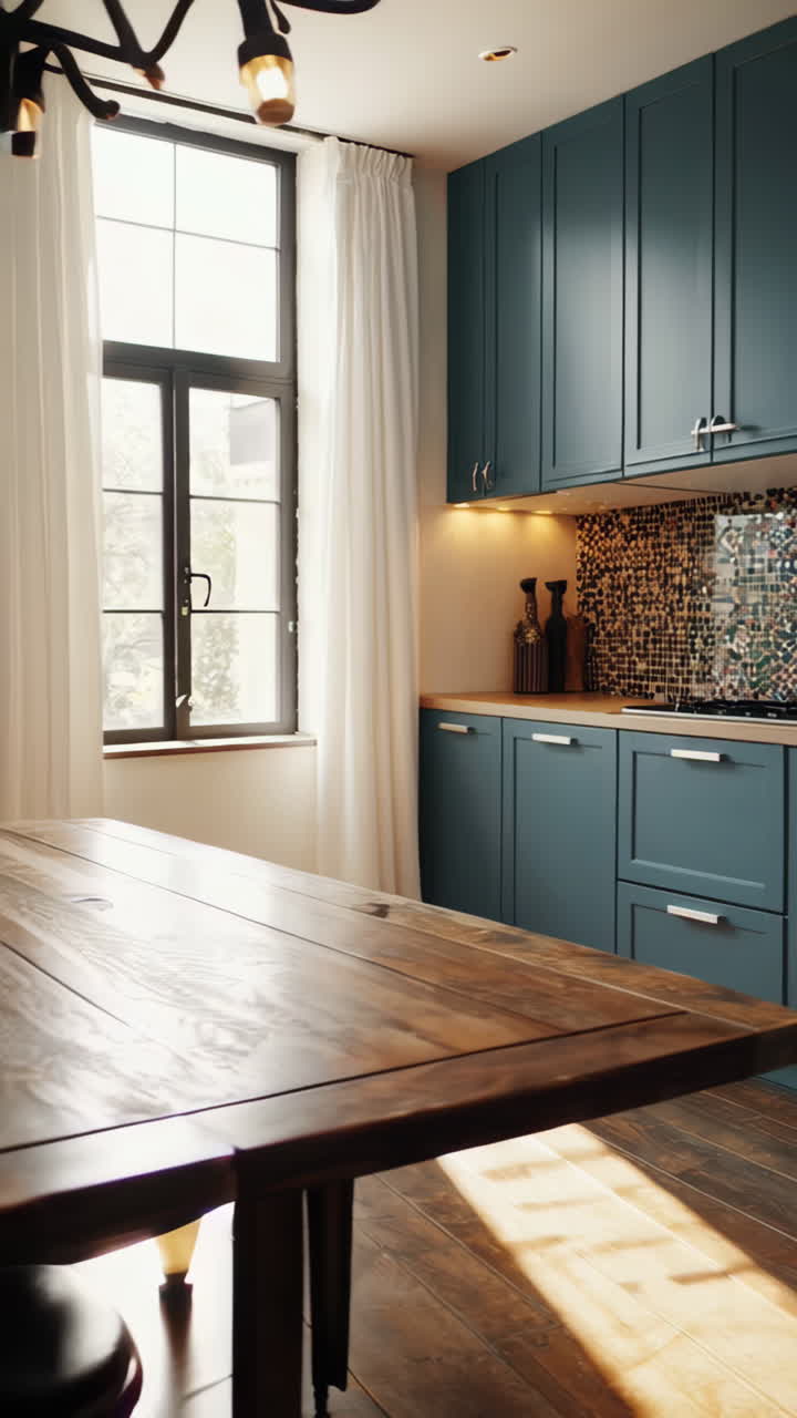 Interno di cucina moderna con mobili blu scuro e paraschizzi a mosaico