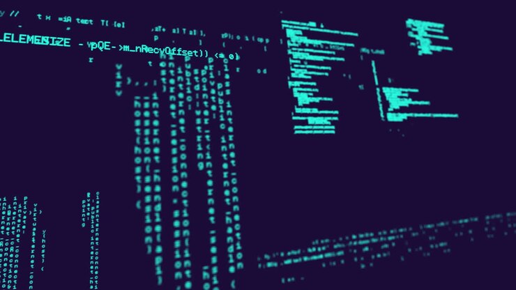 Animation of data processing and binary coding on blue background