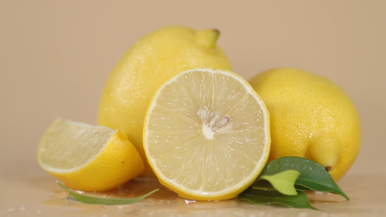 잎과 함께 개진 전체 레몬을 천천히 회전시니다.