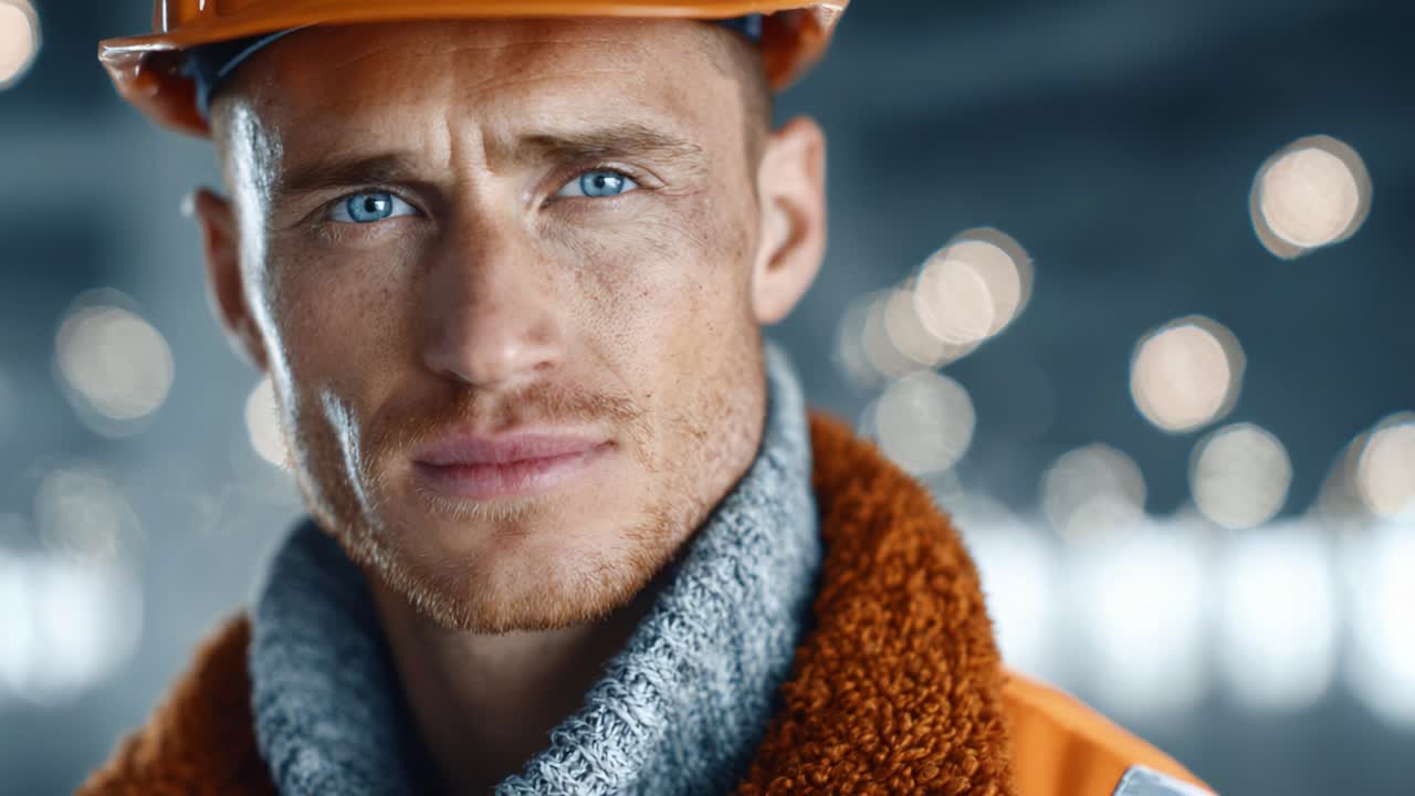 Nahaufnahme eines entschlossenen Bauarbeiters in Schutzkleidung mit intensivem Fokus und markanten blauen Augen, aufgenommen in einer industriellen Umgebung