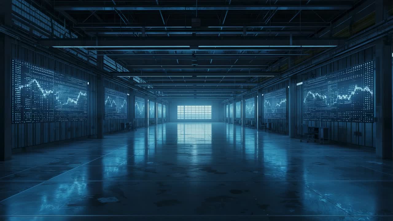 Camera die door een industriële hal beweegt en pulserende LED-lijngrafiekpanelen laat zien, waarbij de vloer de uitgang nadert
