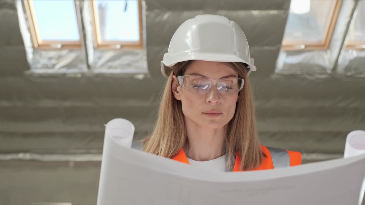 портрет вдумчивой талантливой красивой женщины-архитектора, анализирующей чертеж в современном здании, стоящей у окна. занятая сосредоточенная взрослая женщина, смотрящая на архитектурный план, думающая. концепция таланта.