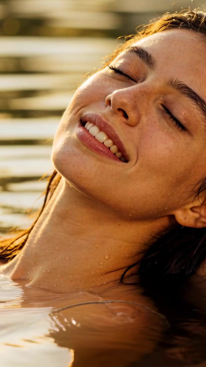 Video verticale: Donna che si rilassa con i capelli bagnati galleggiando nel lago, spallina del costume, increspature, goccioline.