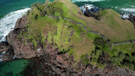 flight above norries headland boardwalk in cabarita beach, new south wales, australia - drone shot