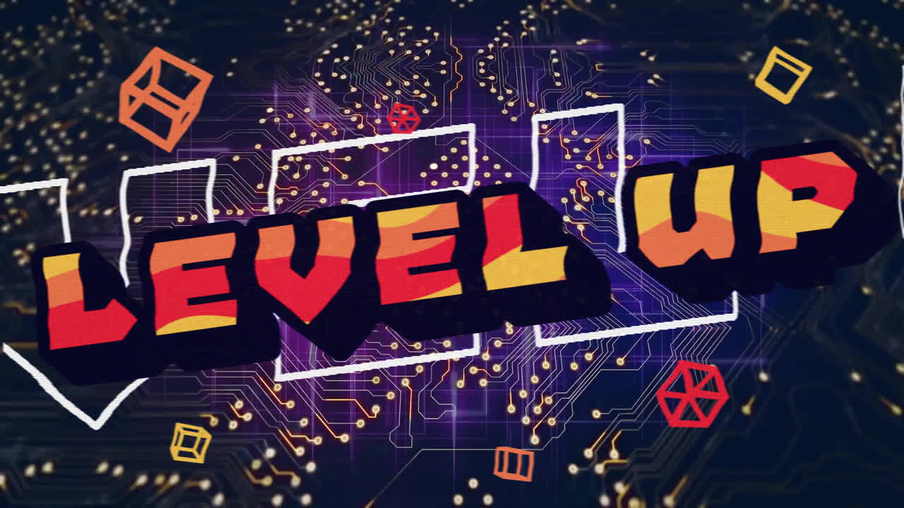 Animation of level up text over neon pattern background