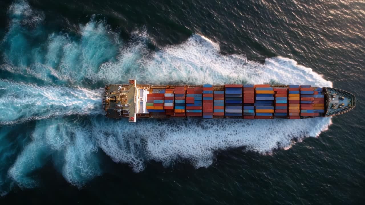 Aerial View of a Large Cargo Ship Navigating Through Turbulent Ocean Waters, Trailing Foam and Wake as it Delivers Supplies Across the Sea