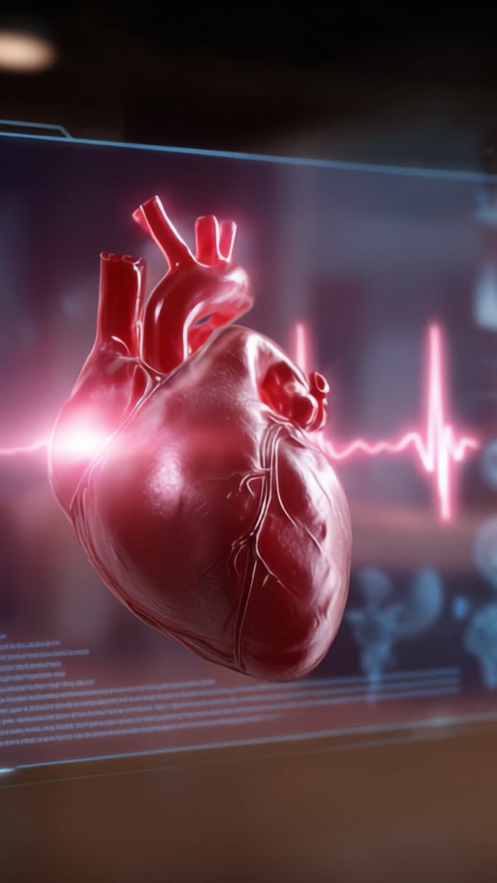 Realistic rendering of a human heart with a digital interface displaying vital signs, emphasizing its importance in health and medical science innovation