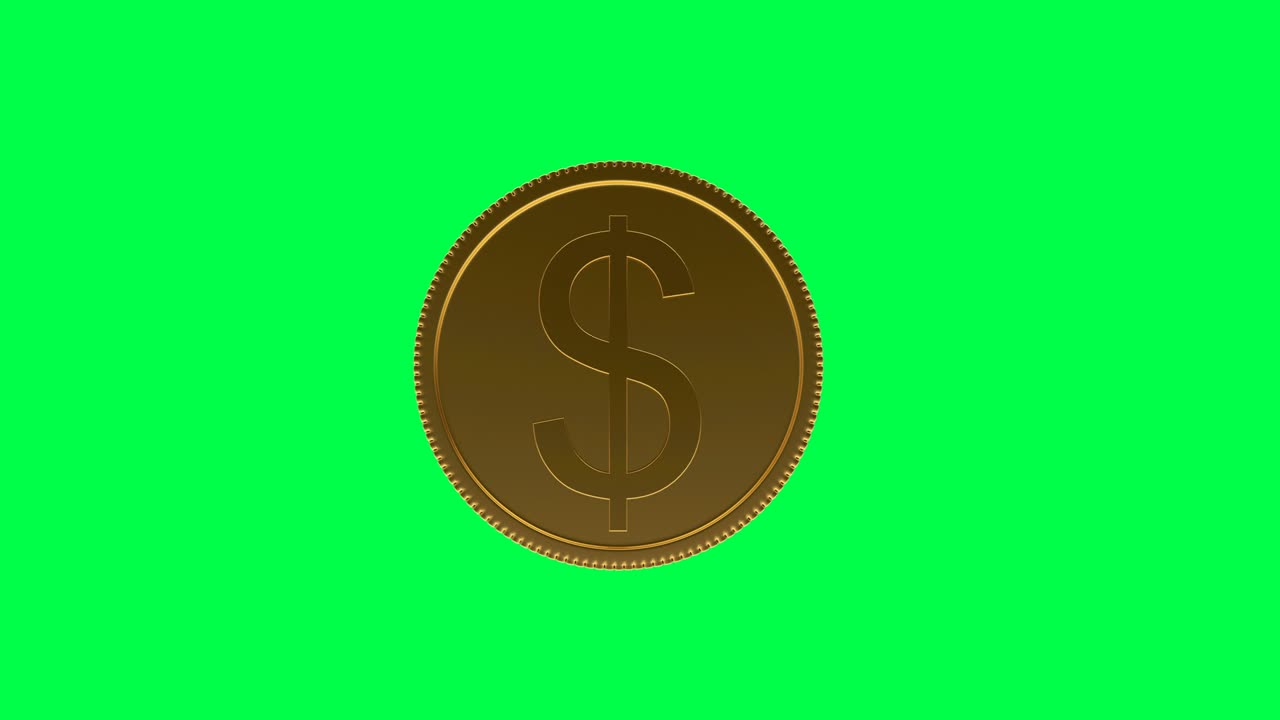 animación en 3d de la rotación de una moneda de un dólar en una pantalla verde. 4k