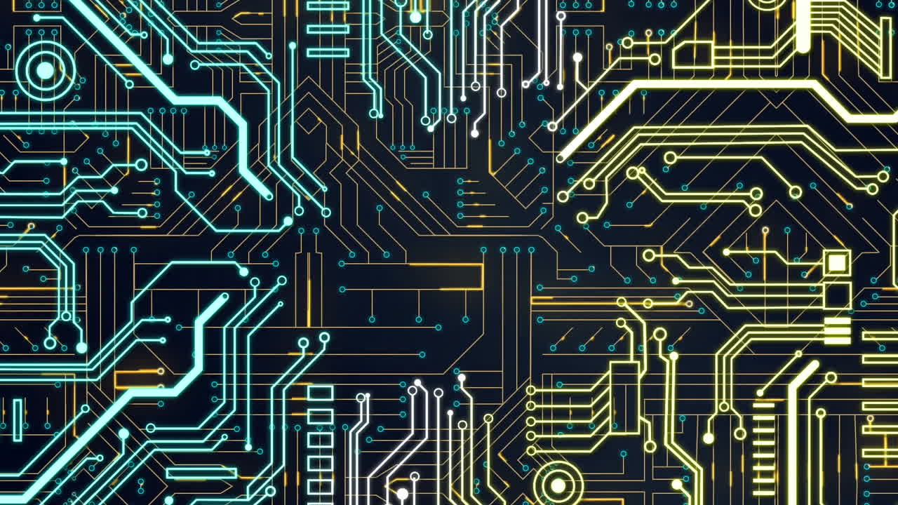 animación del procesamiento de datos en una placa de circuito luminoso de computadora