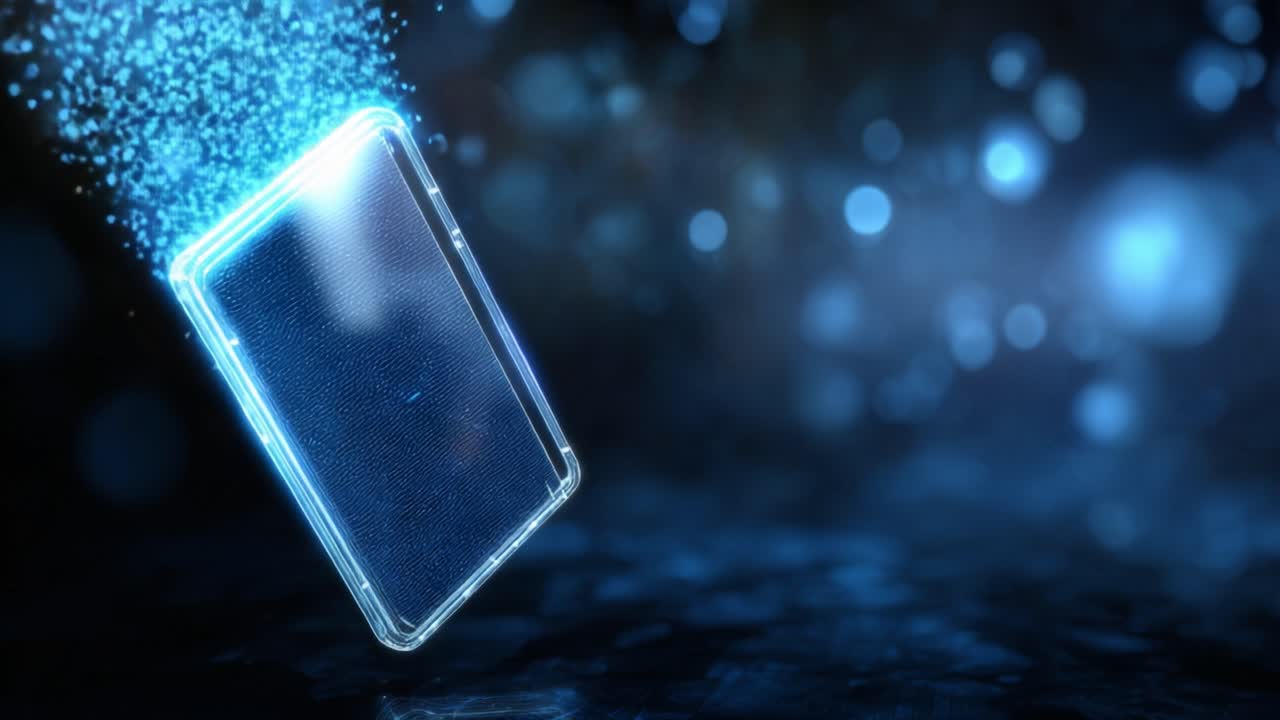 Un dispositivo digitale fluttuante circondato da particelle luminose su uno sfondo scuro: esplorare l'intersezione tra tecnologia ed estetica in movimento