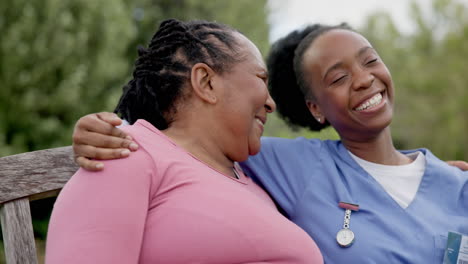 Garden,-hug-and-mature-woman-with-nurse