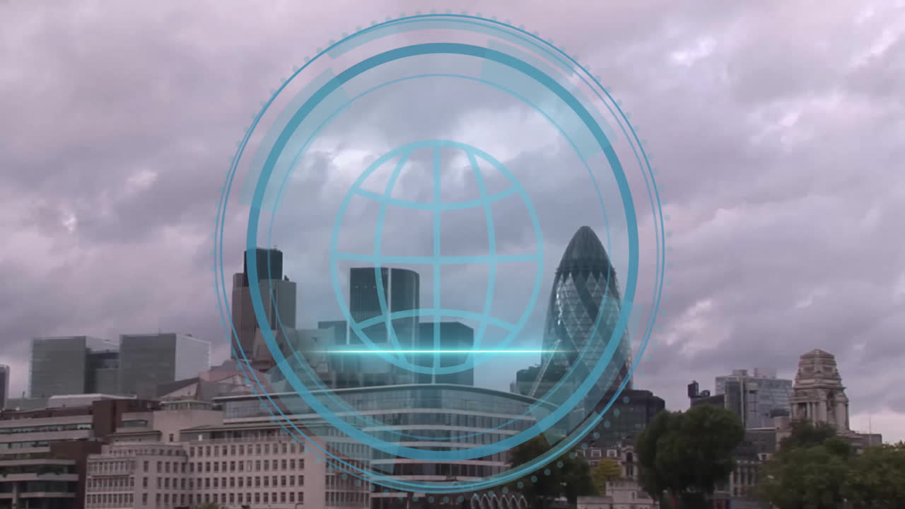 Turquoise digital globe HUD hovering over city skyline, illustrating global network in flat design