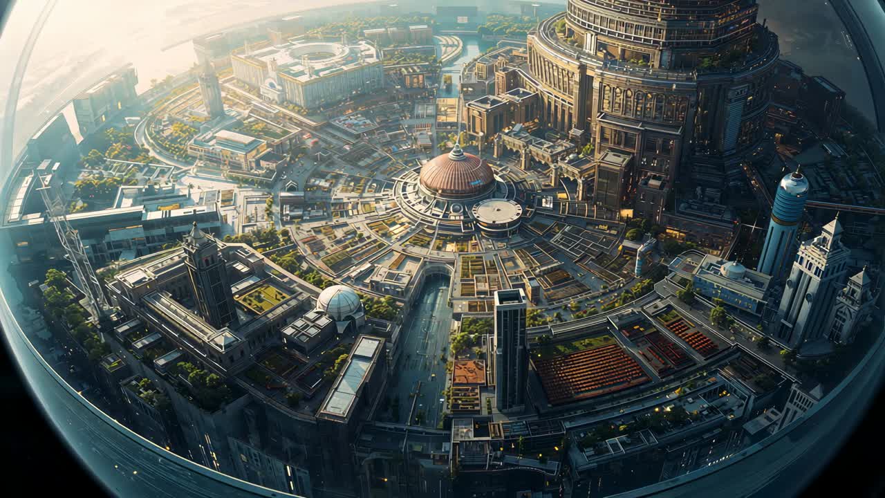 Moving camera revealing circular city through curved shell over coast, showing central dome
