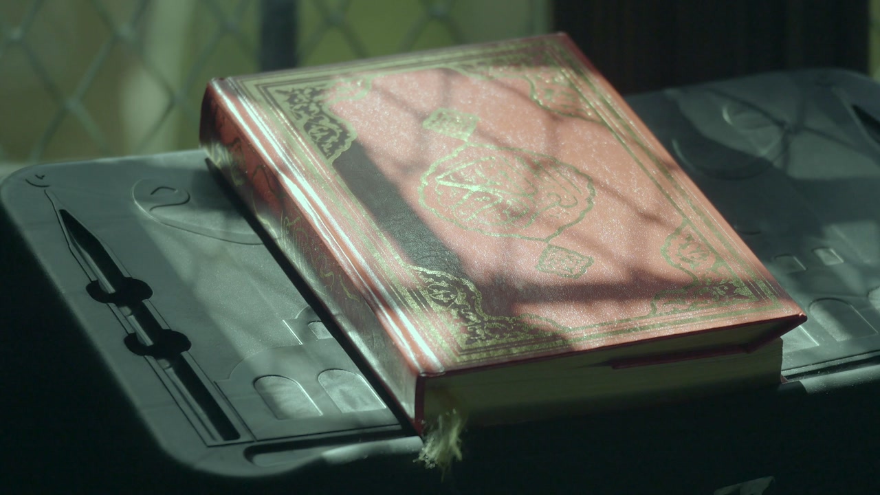 Ornate Red and Gold Holy Book in Dappled Sunlight