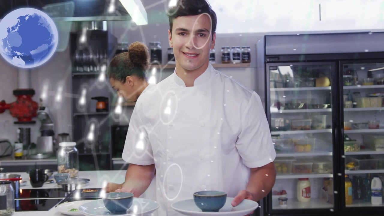 Chef di cucina che tiene due piatti e ciotole bianchi, avanza servendo gli ospiti, avviando icone utente.