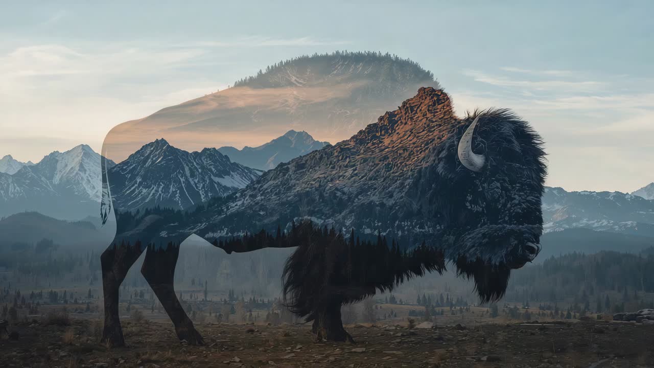 Revealing frames showing centered bison silhouette gaining mountain on plain, creating composite