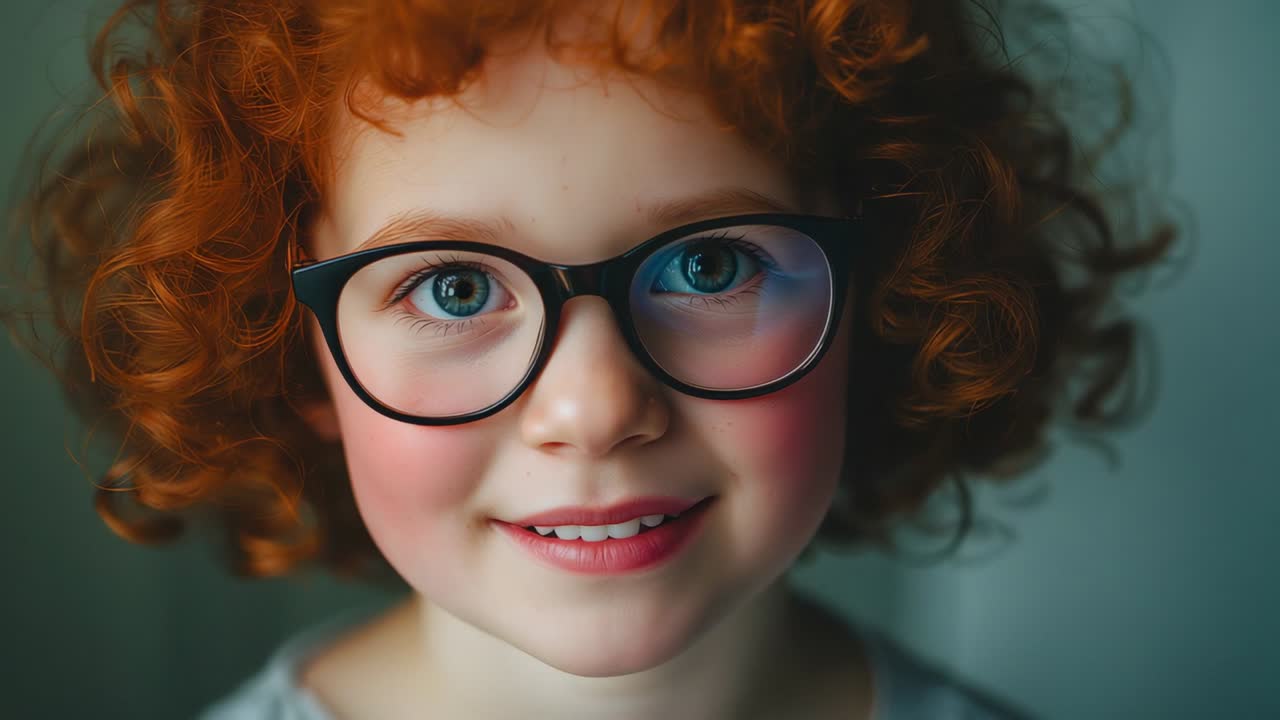 Clip starting red-haired child in glasses smiling turning head to reveal profile against grey wall