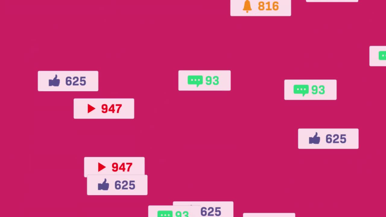 animación del procesamiento de datos de las redes sociales sobre un fondo rosa.
