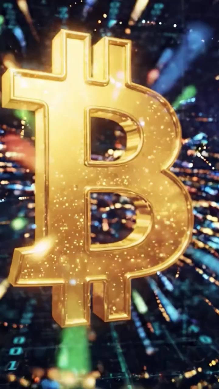 Símbolo Dourado Brilhante do Bitcoin em um Ambiente Digital Dinâmico Representando Criptomoedas e Tecnologia Blockchain Através de Elementos de Design Futuristas