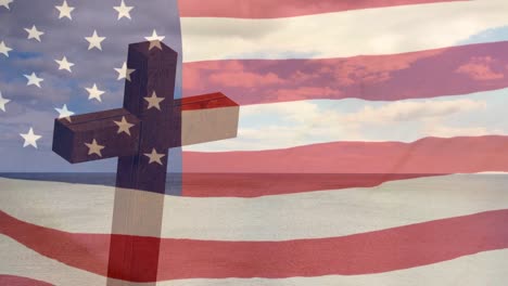 animación de la cruz cristiana y las nubes sobre la bandera de los estados unidos