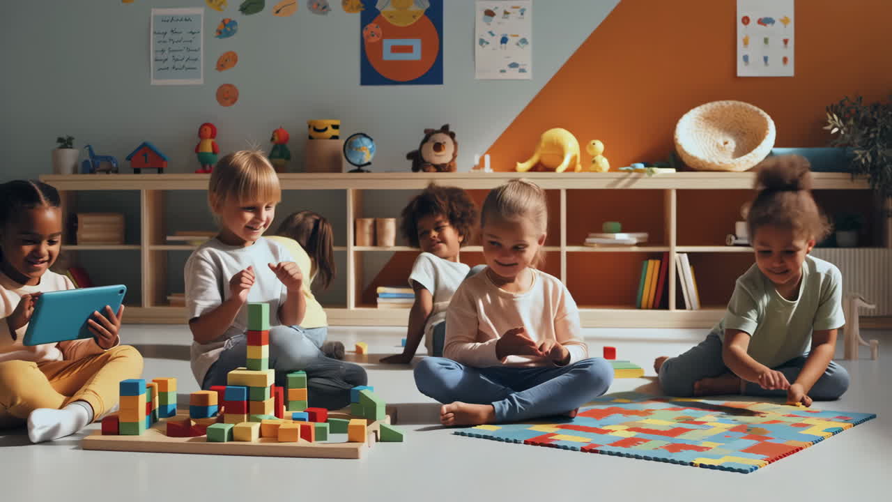 Kelompok Anak-anak Beragam Bermain dan Belajar Bersama di Ruang Kelas