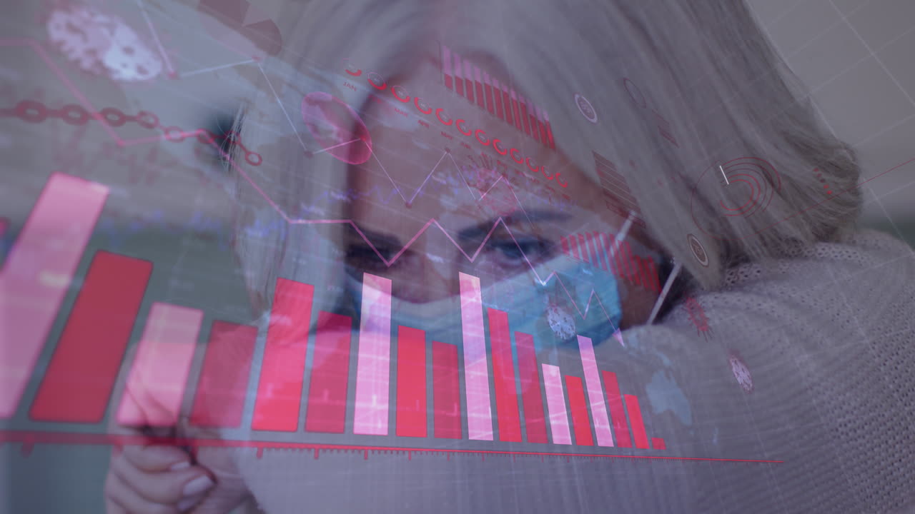 анимация вирусных клеток и диаграммы над пожилой белой женщиной, кашлящей с маской для лица