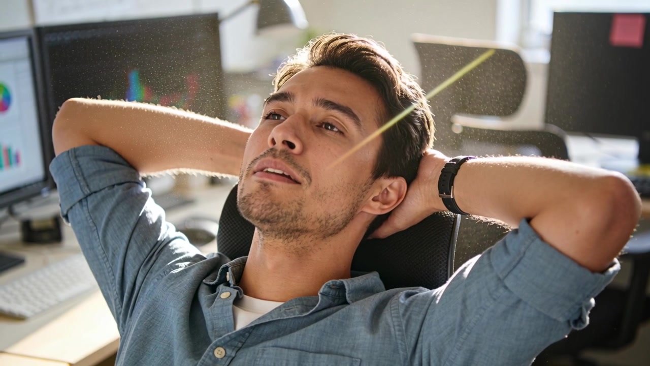 Hombre recostado en una silla ergonómica, revisando y analizando gráficos en monitores, vistiendo una camisa azul.