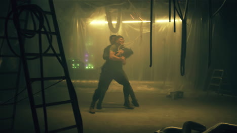 intense combat training in a gritty, industrial warehouse