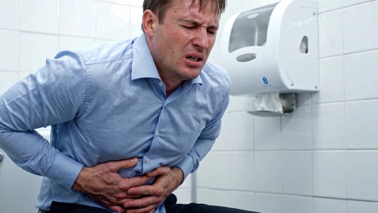 Struggling with Acute Discomfort: A Man's Distressing Moment in a Public Restroom with Visible Signs of Gastrointestinal Distress and Painful Expression on His Face