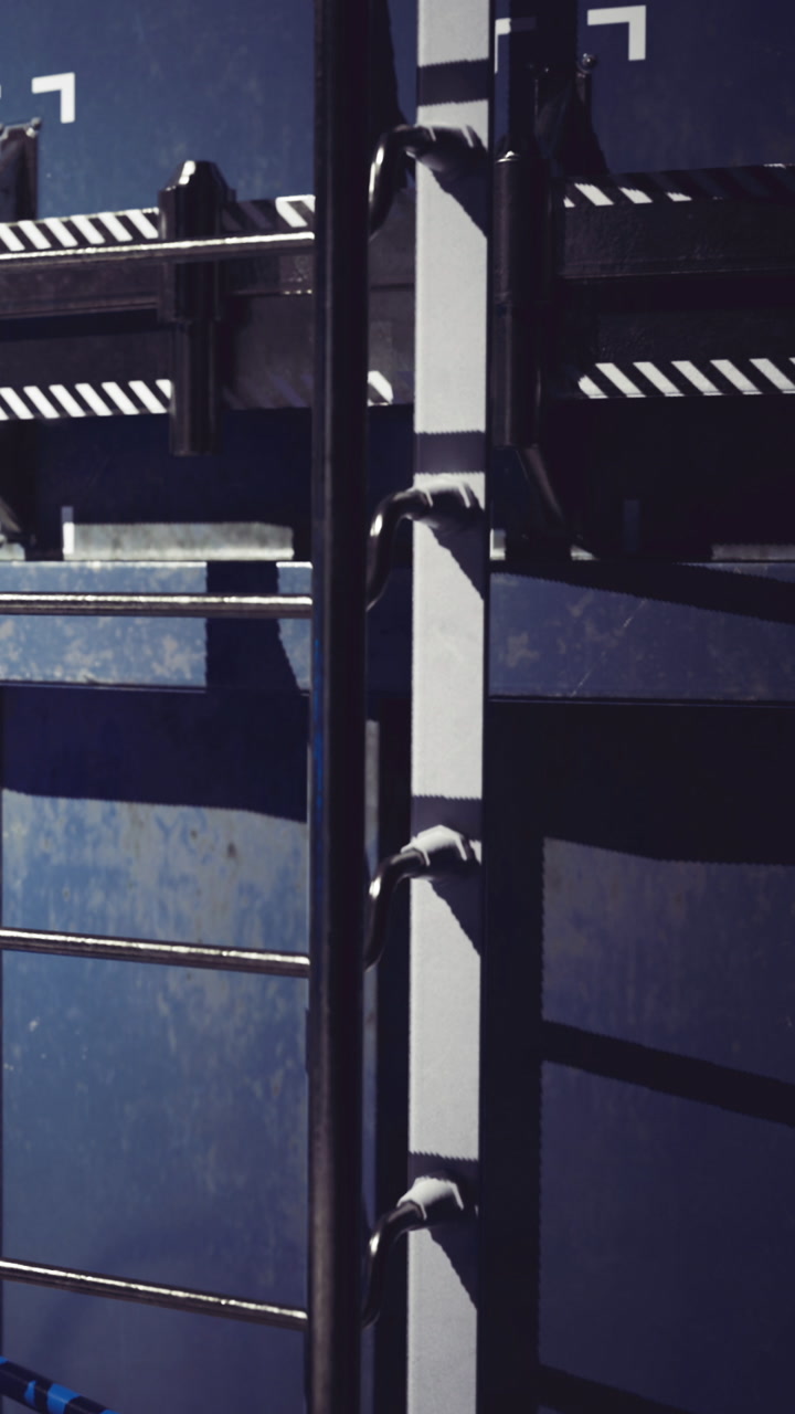 Bold lines and shadows play on a steel container at middays gentle light